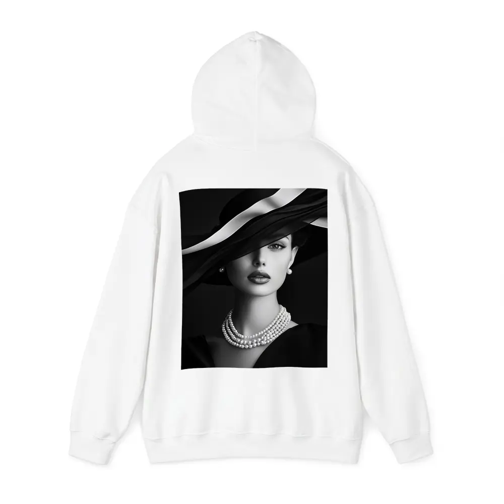 Elegant Woman Black Hat Pearl Necklace Portrait – Hoodies
