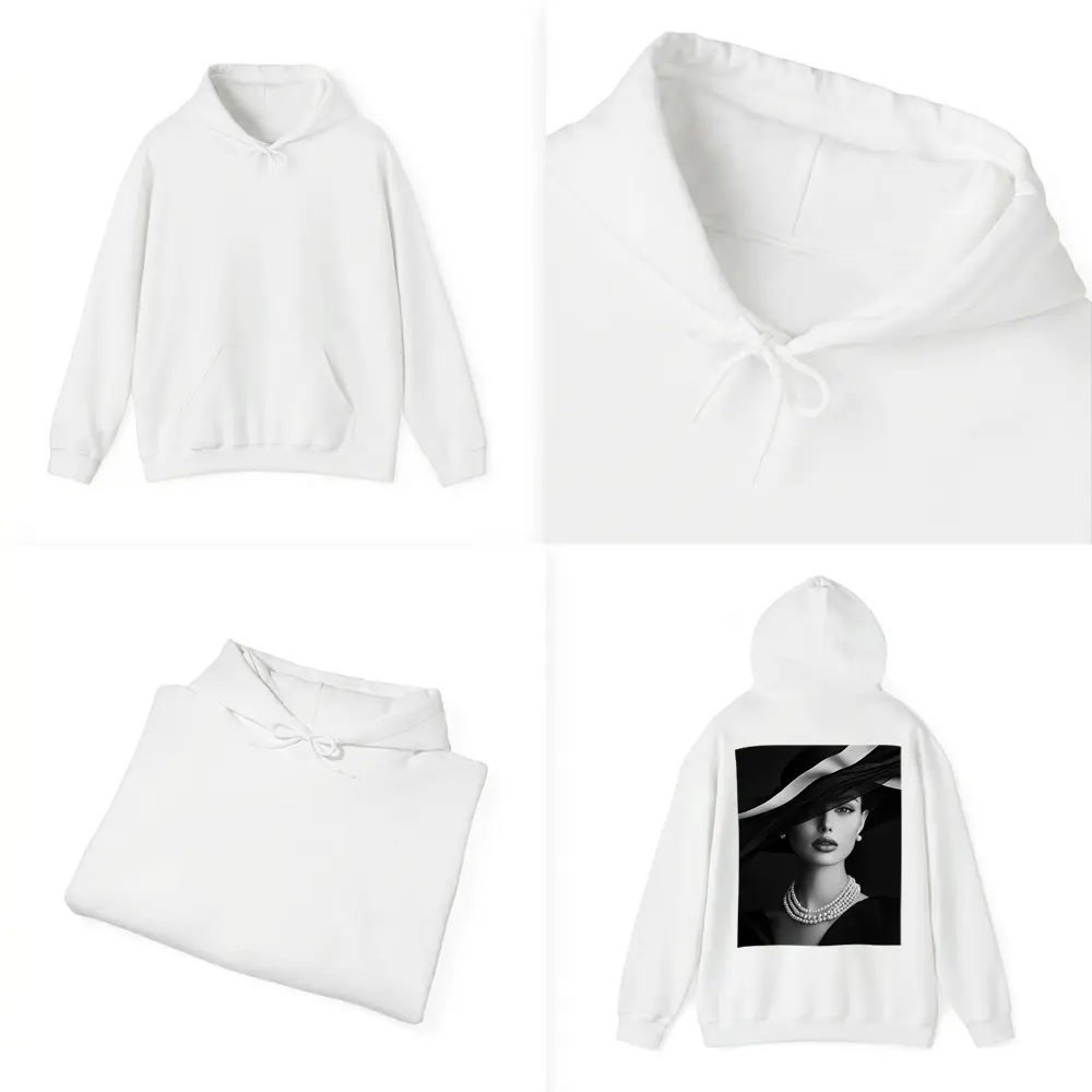 Elegant Woman Black Hat Pearl Necklace Portrait – Hoodies