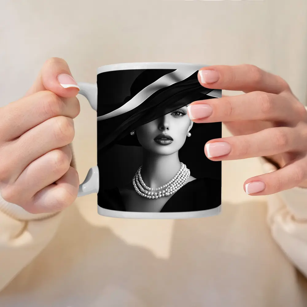 Elegant Woman Black Hat Pearl Necklace Portrait – Mugs