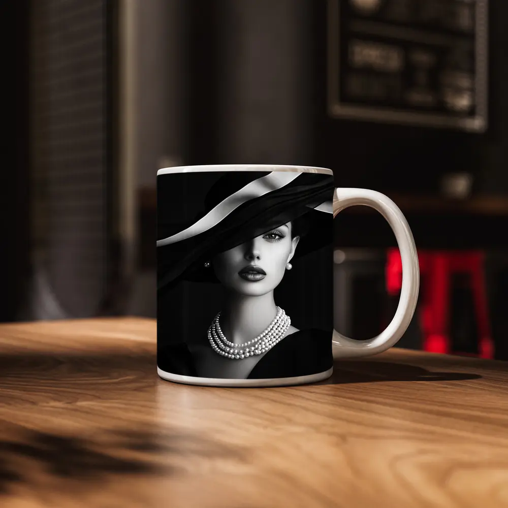 Elegant Woman Black Hat Pearl Necklace Portrait – Mugs