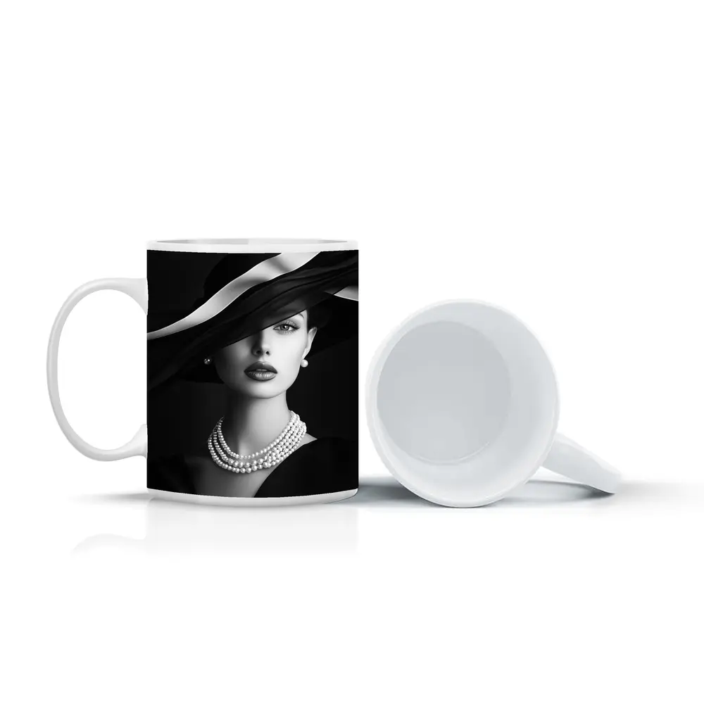Elegant Woman Black Hat Pearl Necklace Portrait – Mugs