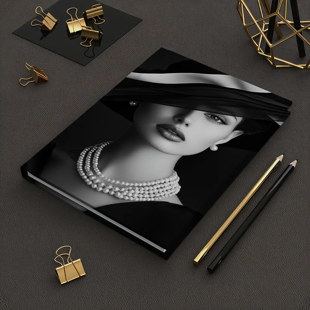 Elegant Woman Black Hat Pearl Necklace Portrait – Notebooks
