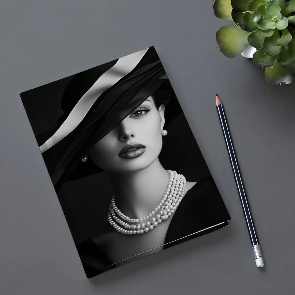 Elegant Woman Black Hat Pearl Necklace Portrait – Notebooks