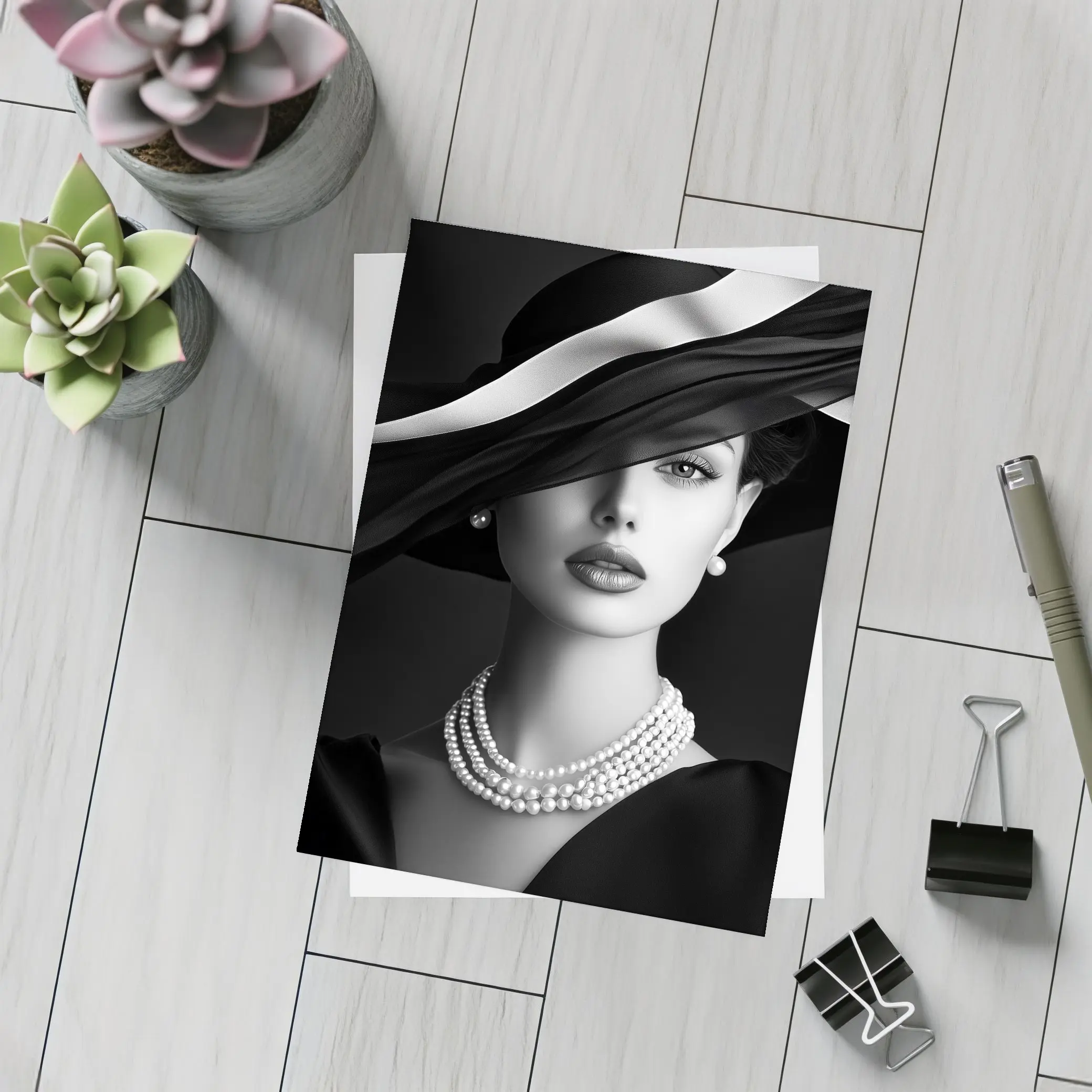 Elegant Woman Black Hat Pearl Necklace Portrait – Postcards