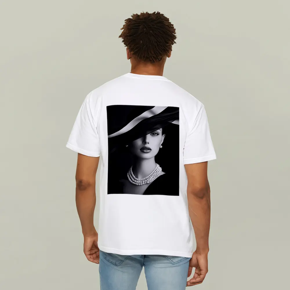 Elegant Woman Black Hat Pearl Necklace Portrait – T-Shirts