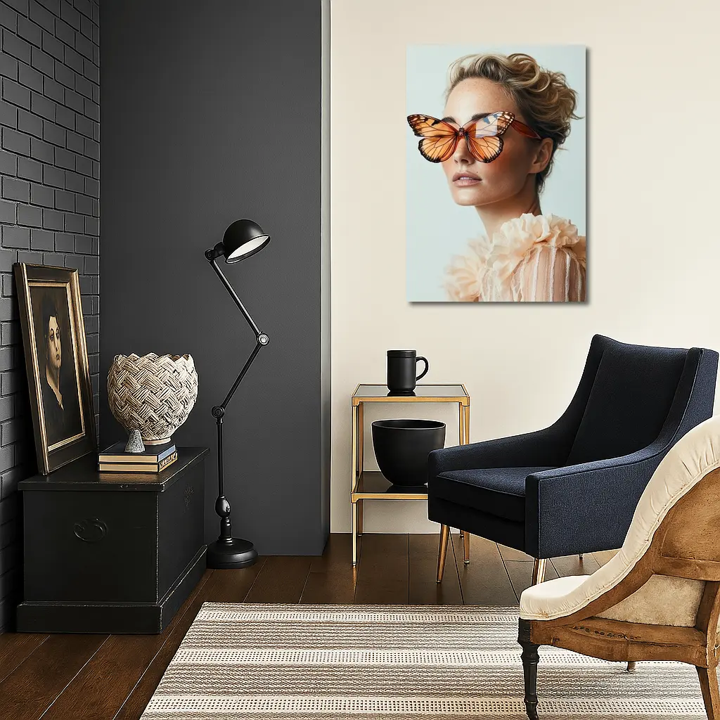 Woman With Butterfly Sunglasses Fashion Portrait – Wall Art