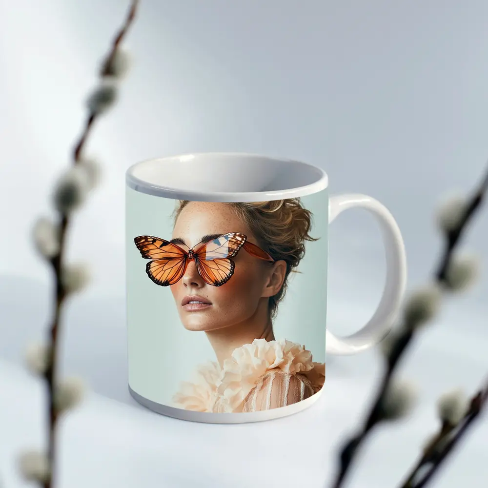 Woman With Butterfly Sunglasses Fashion Portrait – Mugs
