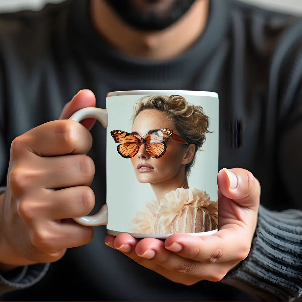 Woman With Butterfly Sunglasses Fashion Portrait – Mugs