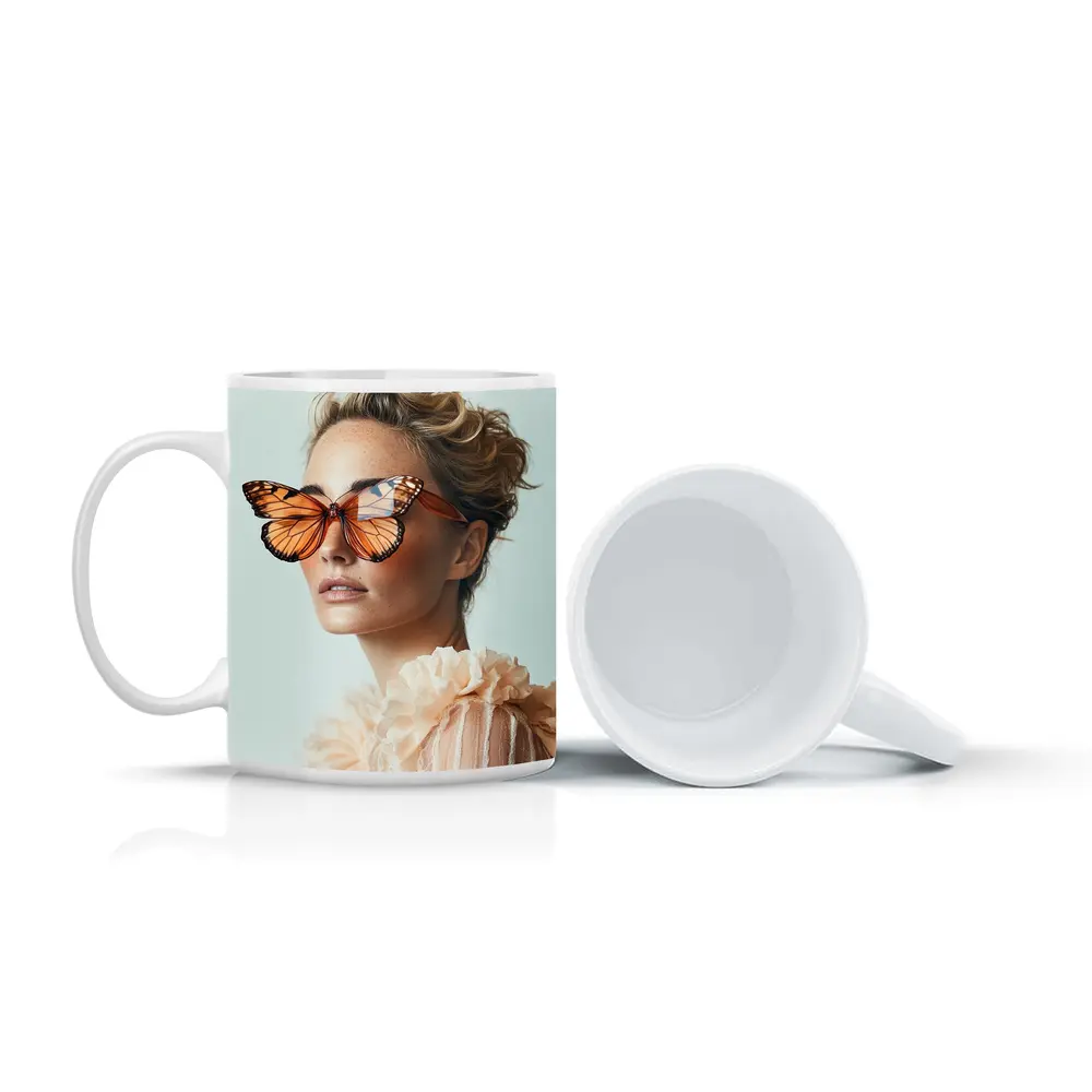 Woman With Butterfly Sunglasses Fashion Portrait – Mugs
