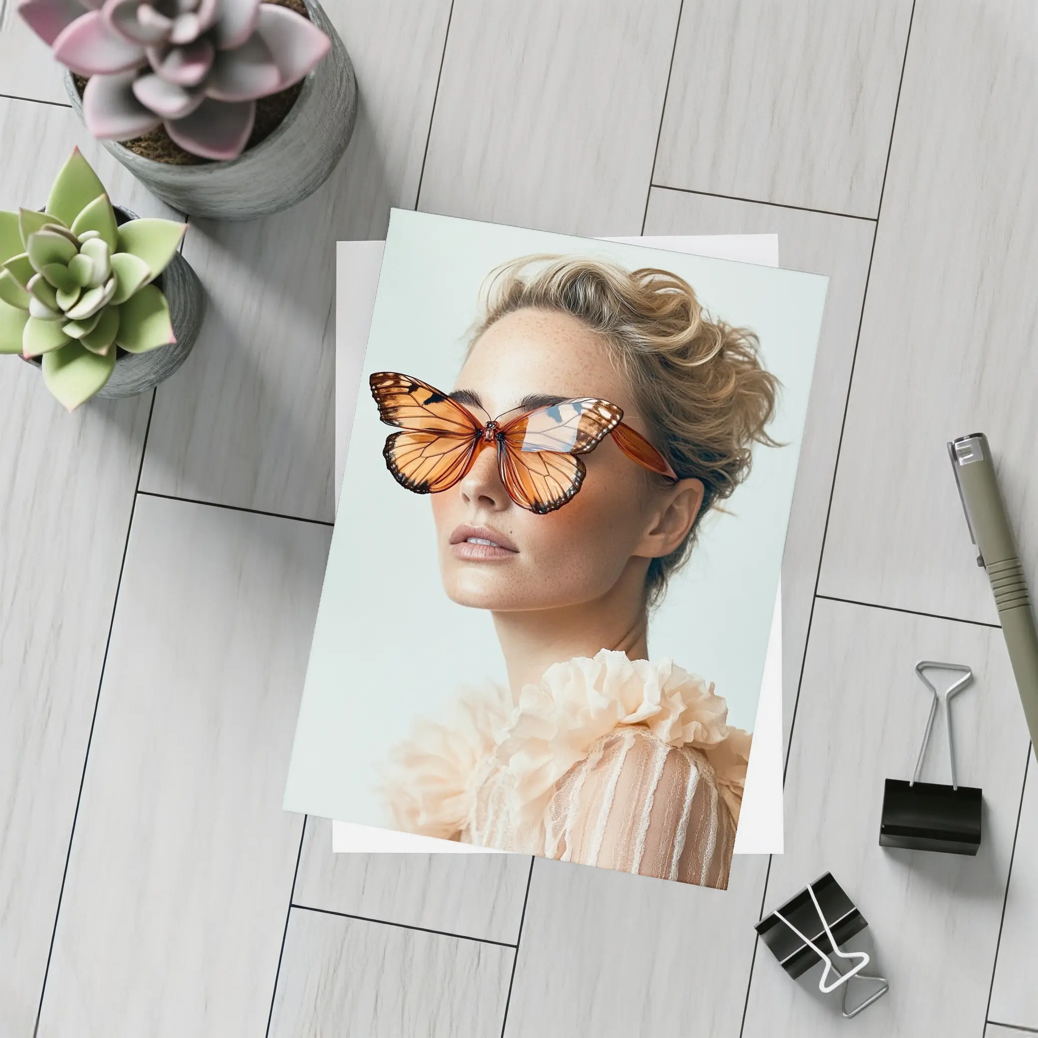 Woman With Butterfly Sunglasses Fashion Portrait – Postcards