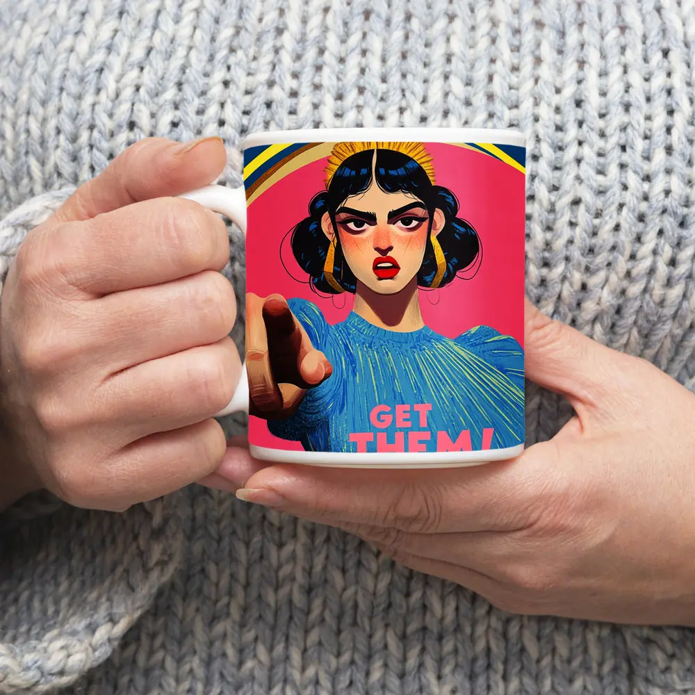 Angry Woman Pointing Pop Art Pink Background – Mugs
