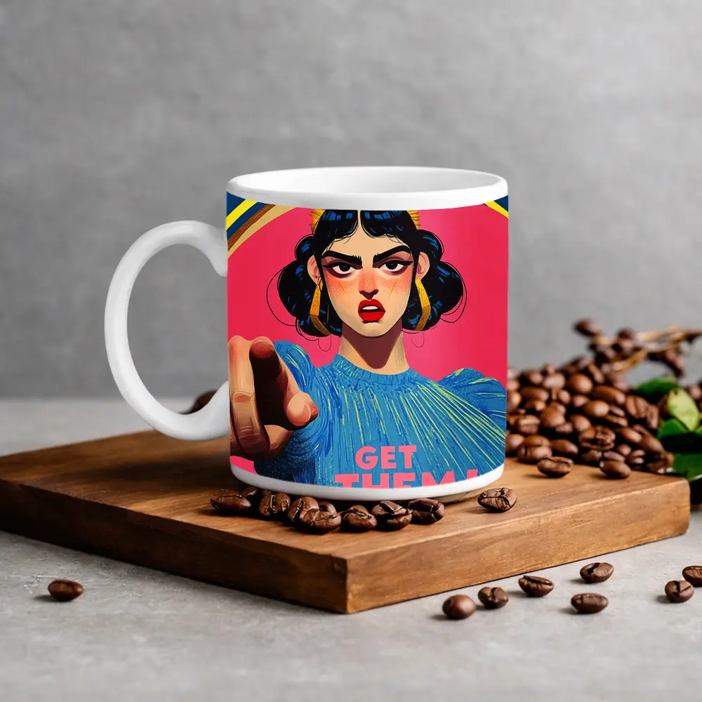 Angry Woman Pointing Pop Art Pink Background – Mugs