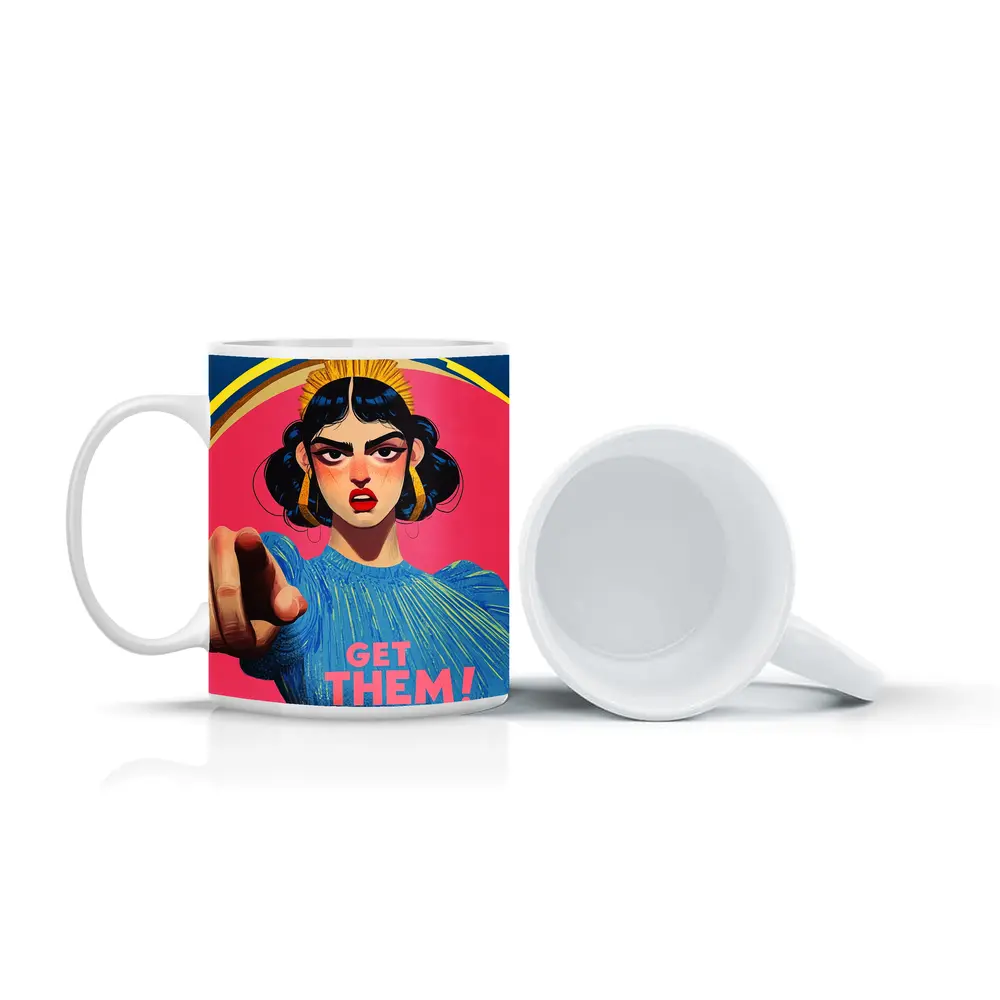 Angry Woman Pointing Pop Art Pink Background – Mugs