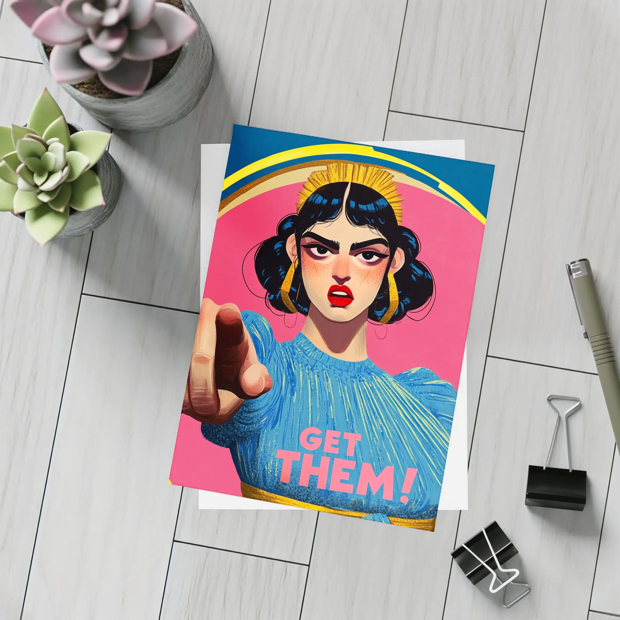 Angry Woman Pointing Pop Art Pink Background – Postcards