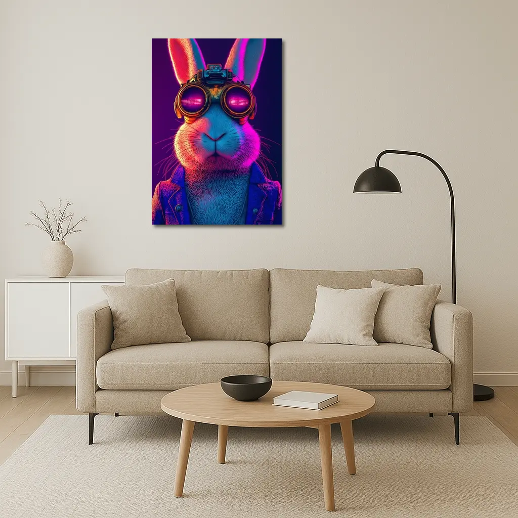 Cyberpunk Rabbit Wearing Neon Goggles Portrait – Wall Art