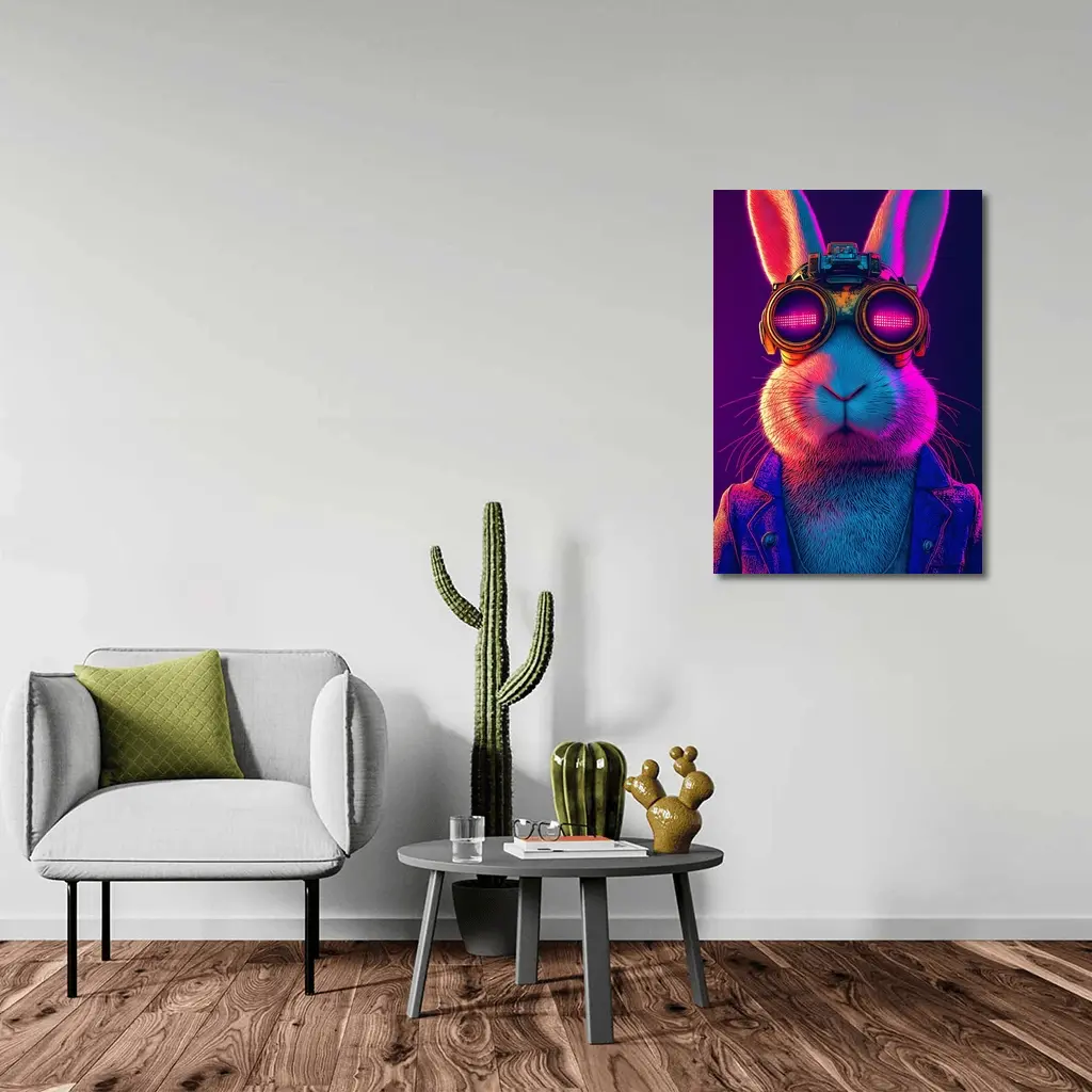 Cyberpunk Rabbit Wearing Neon Goggles Portrait – Wall Art