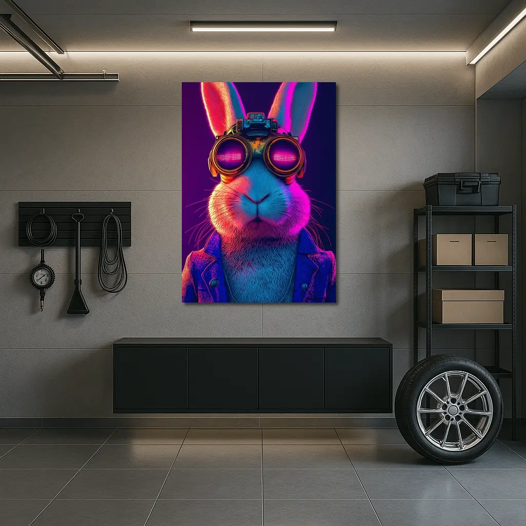 Cyberpunk Rabbit Wearing Neon Goggles Portrait – Wall Art