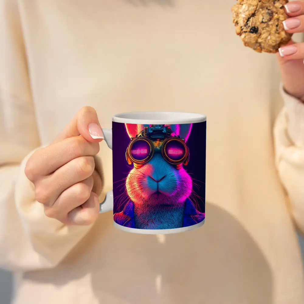 Cyberpunk Rabbit Wearing Neon Goggles Portrait – Mugs