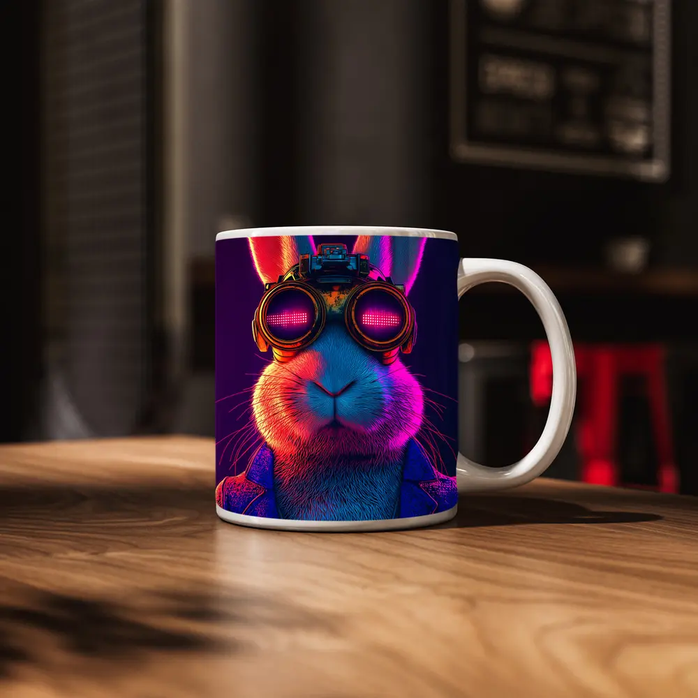 Cyberpunk Rabbit Wearing Neon Goggles Portrait – Mugs