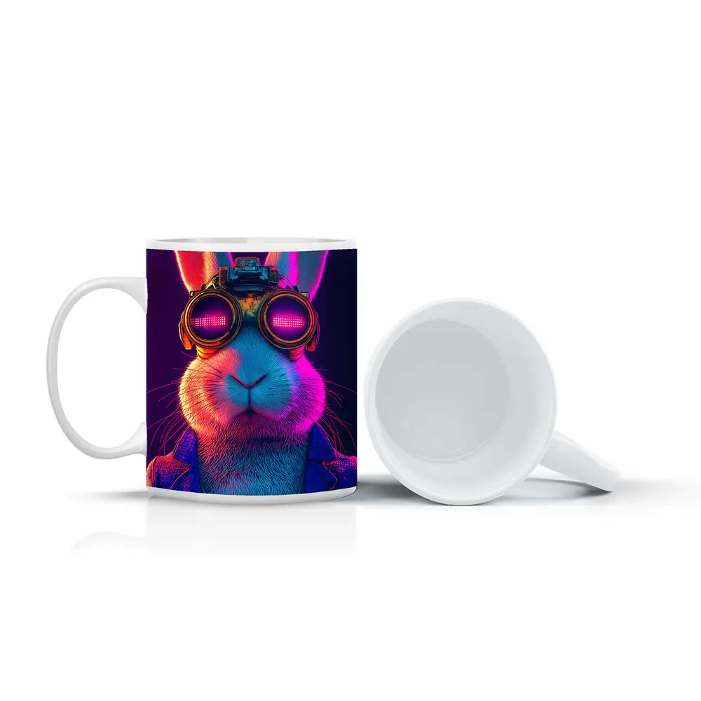 Cyberpunk Rabbit Wearing Neon Goggles Portrait – Mugs