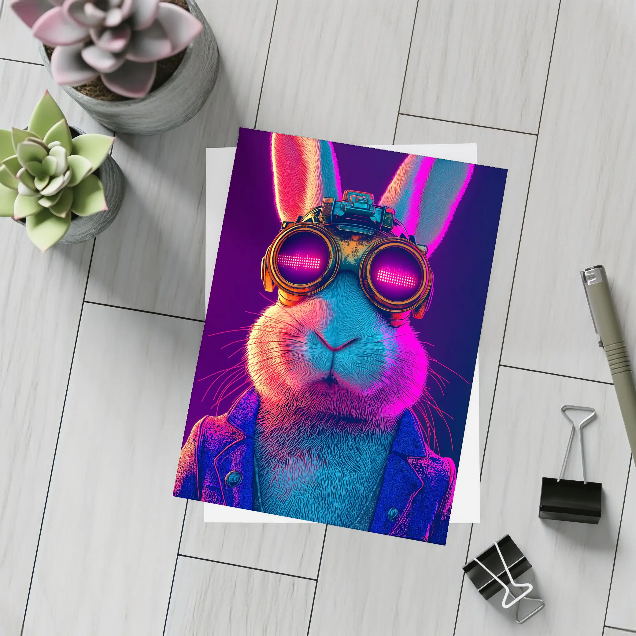Cyberpunk Rabbit Wearing Neon Goggles Portrait – Postcards