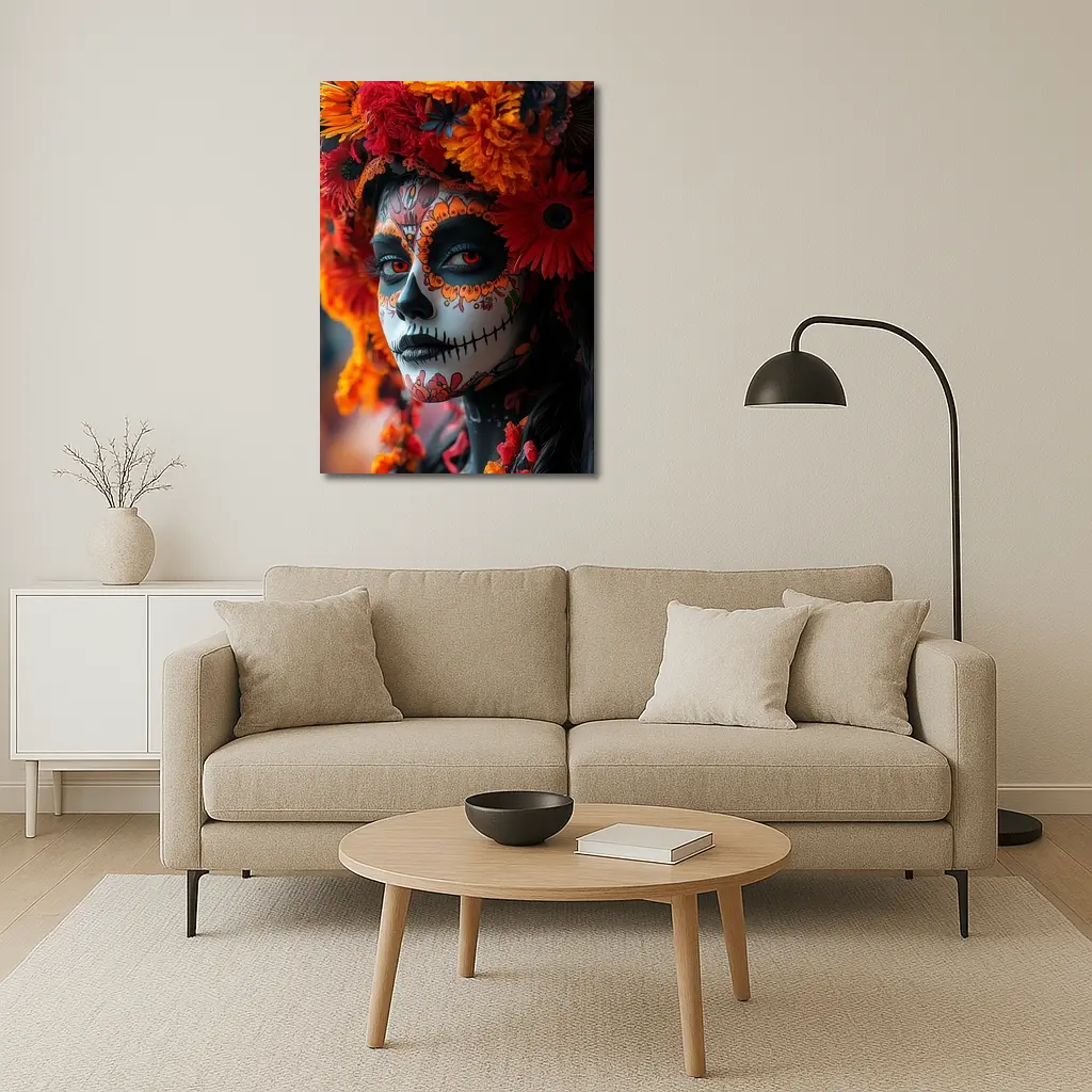 Day of the Dead Woman Orange Flower Crown – Wall Art