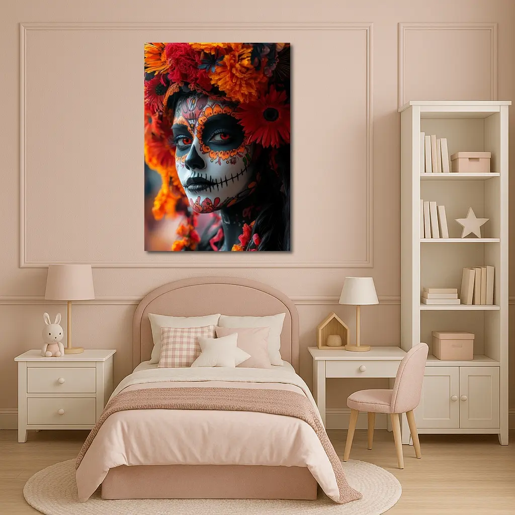 Day of the Dead Woman Orange Flower Crown – Wall Art