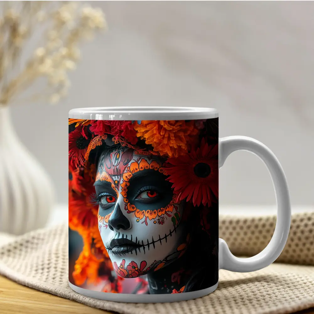 Day of the Dead Woman Orange Flower Crown – Mugs