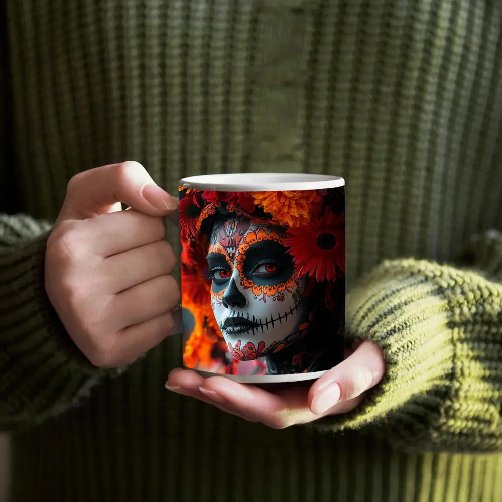 Day of the Dead Woman Orange Flower Crown – Mugs