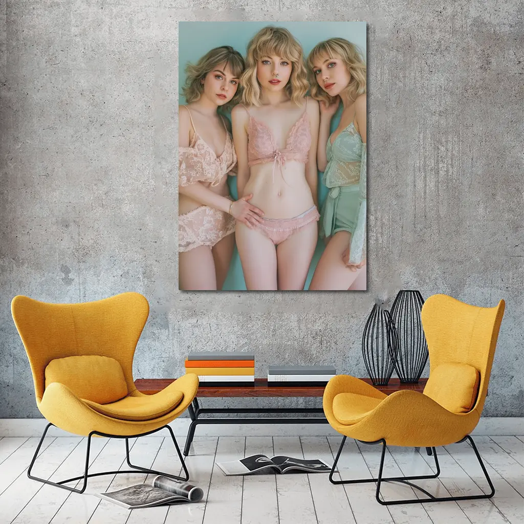 Three Women Pastel Lace Lingerie Soft Background – Wall Art