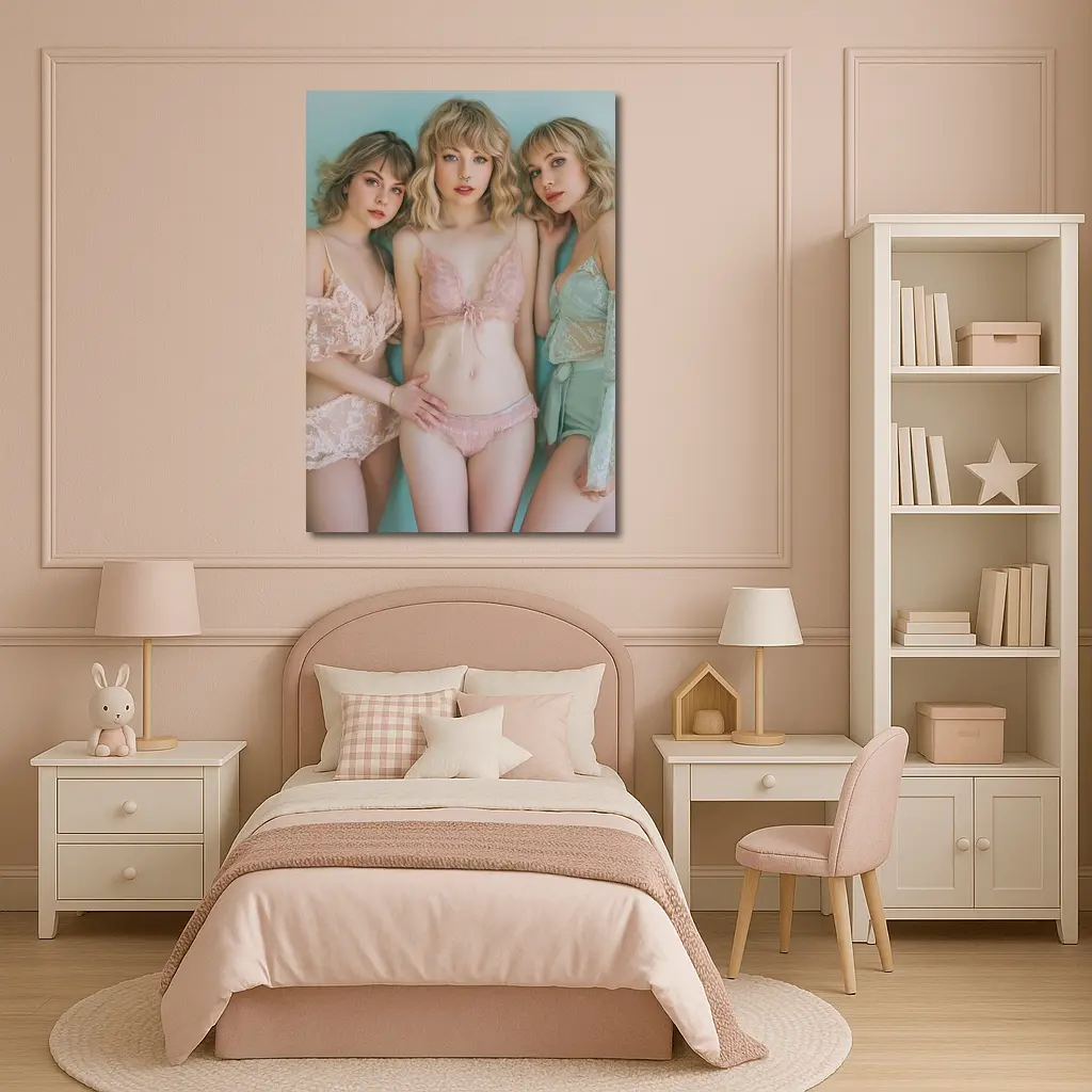 Three Women Pastel Lace Lingerie Soft Background – Wall Art
