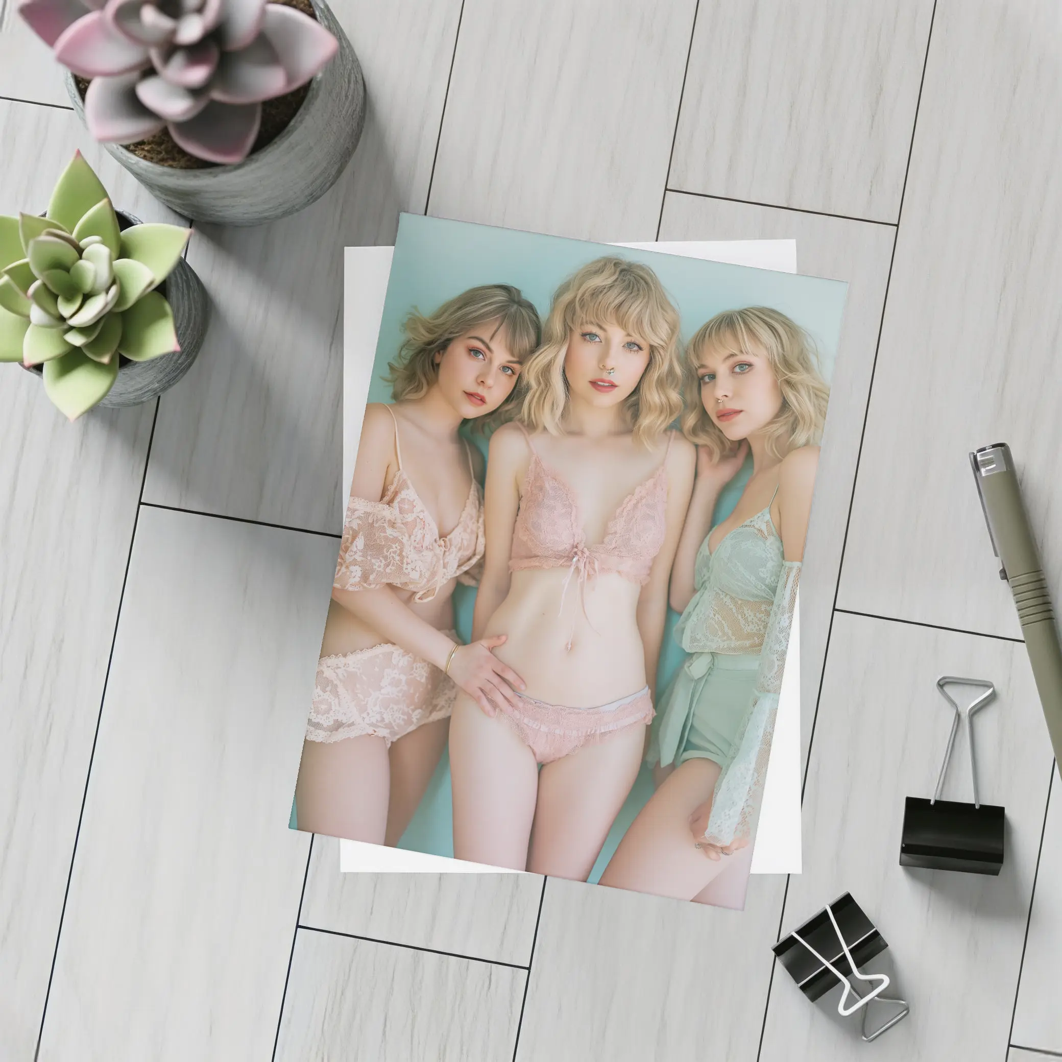 Three Women Pastel Lace Lingerie Soft Background – Postcards