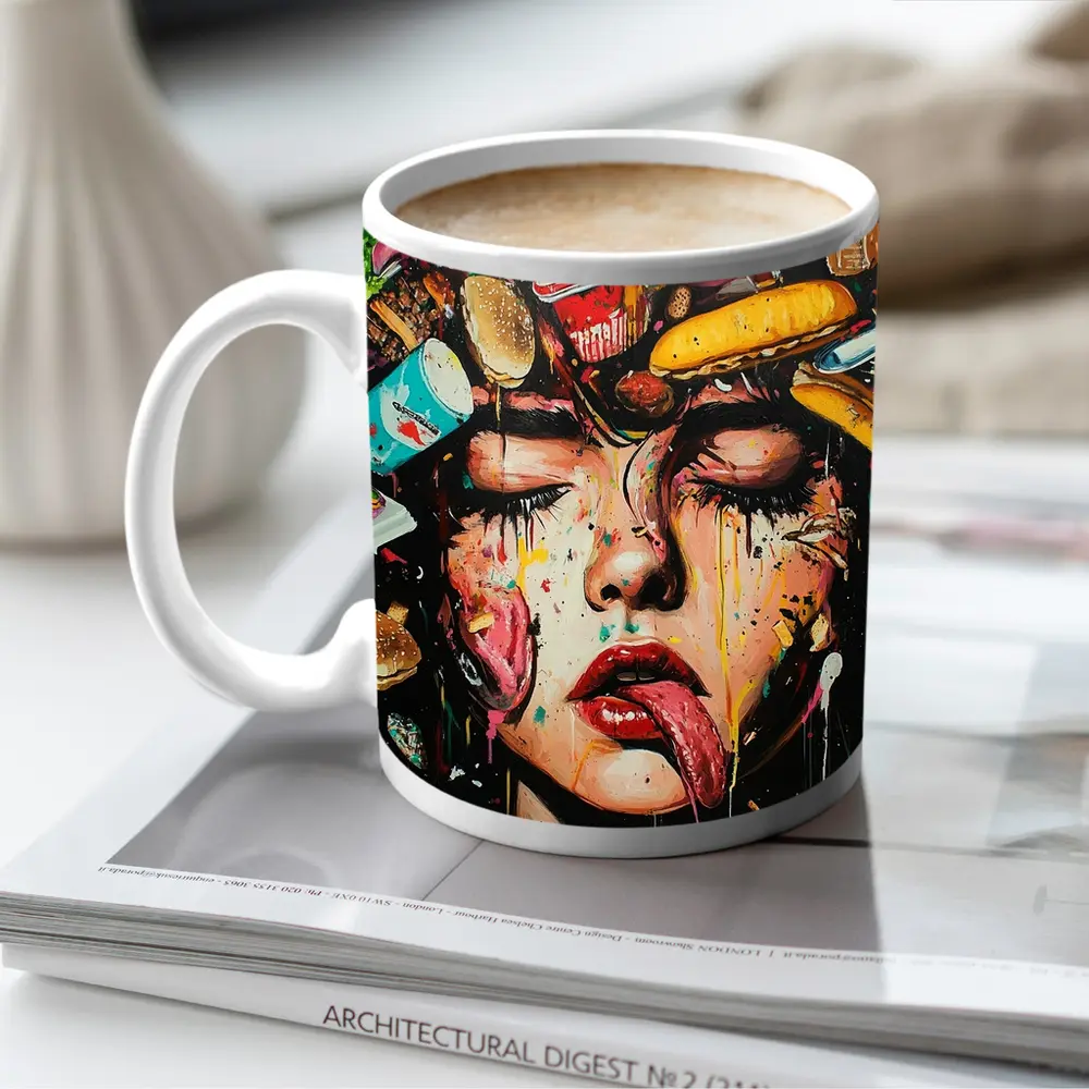 Pop Art Woman Face Fast Food Explosion – Mugs
