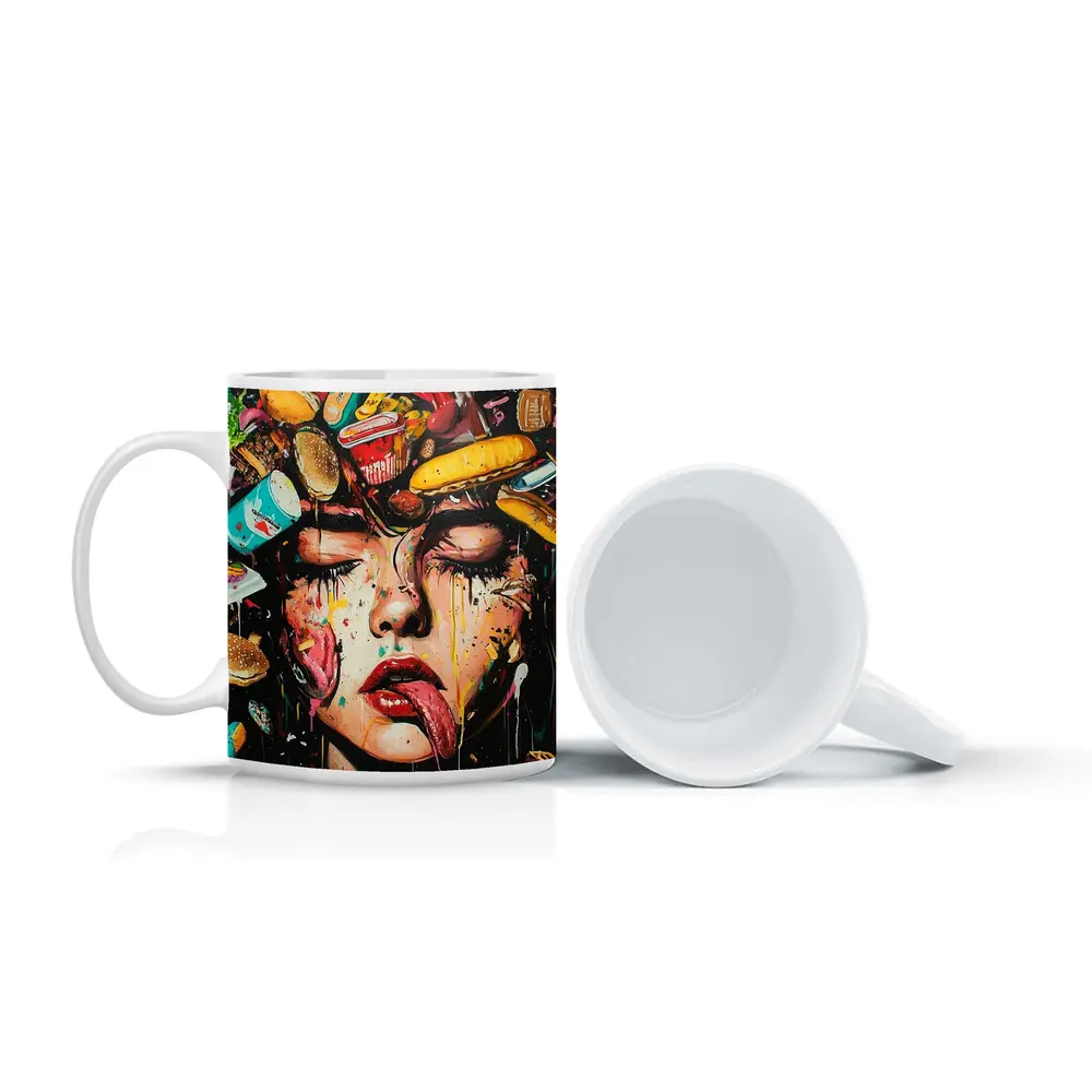 Pop Art Woman Face Fast Food Explosion – Mugs
