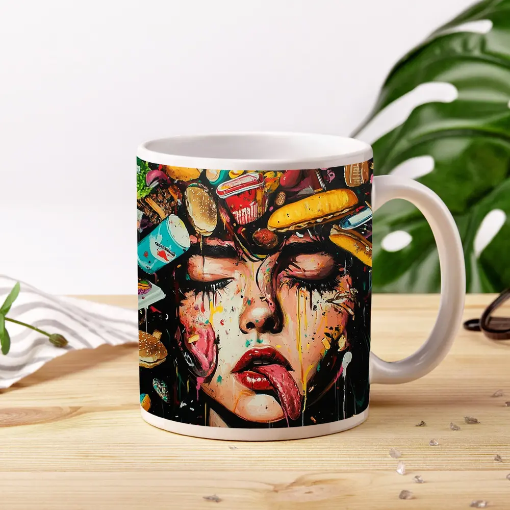 Pop Art Woman Face Fast Food Explosion – Mugs