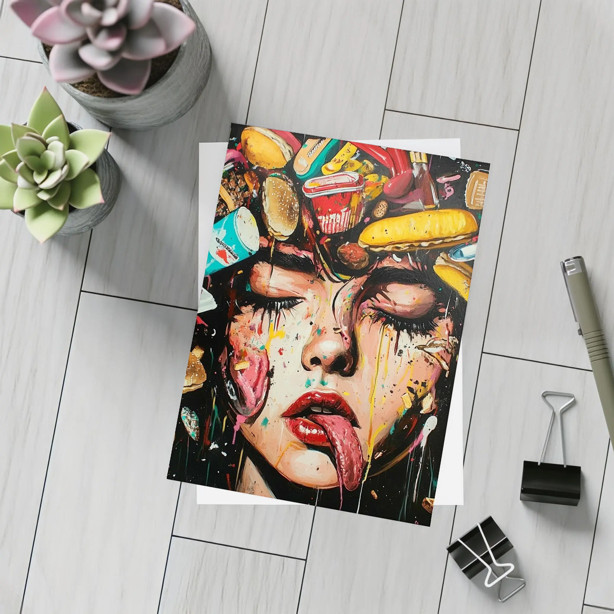 Pop Art Woman Face Fast Food Explosion – Postcards