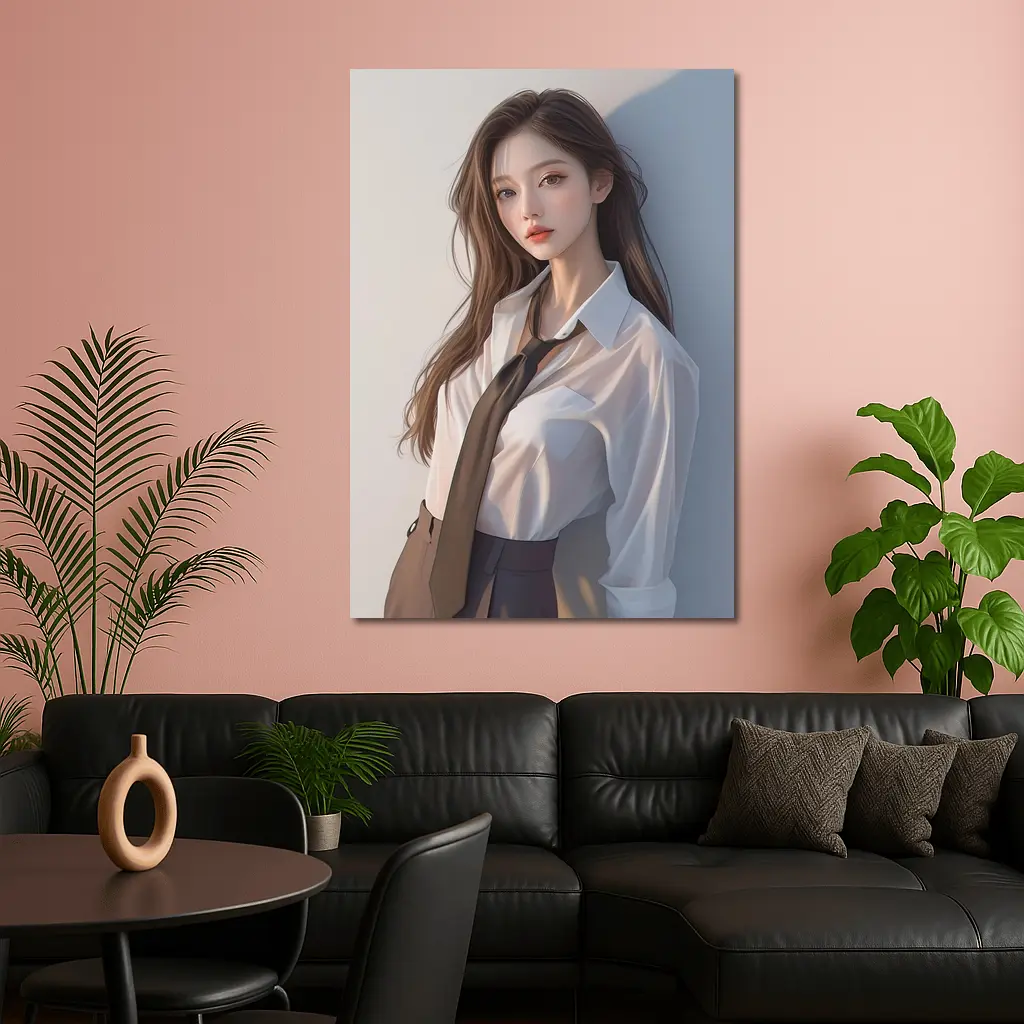 Digital Art Girl White Shirt Tie Portrait – Wall Art