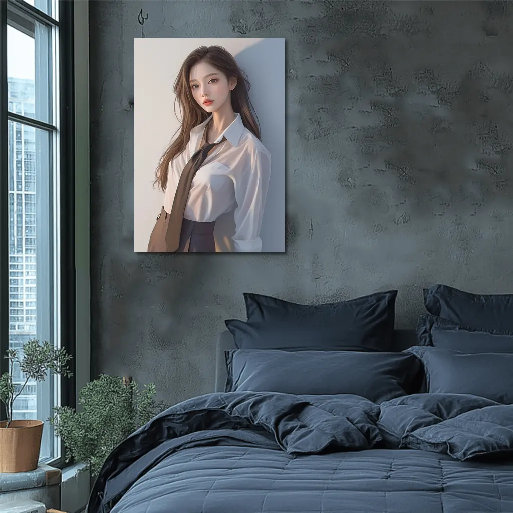 Digital Art Girl White Shirt Tie Portrait – Wall Art