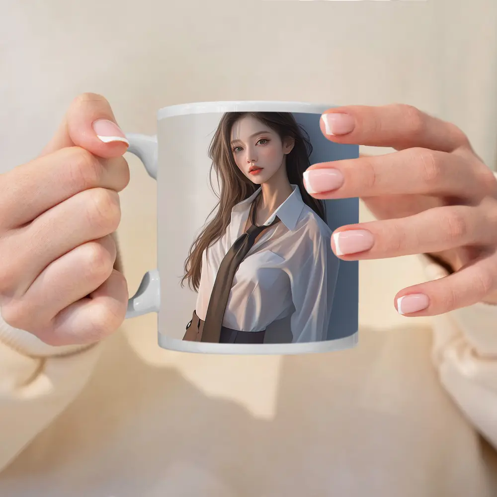 Digital Art Girl White Shirt Tie Portrait – Mugs