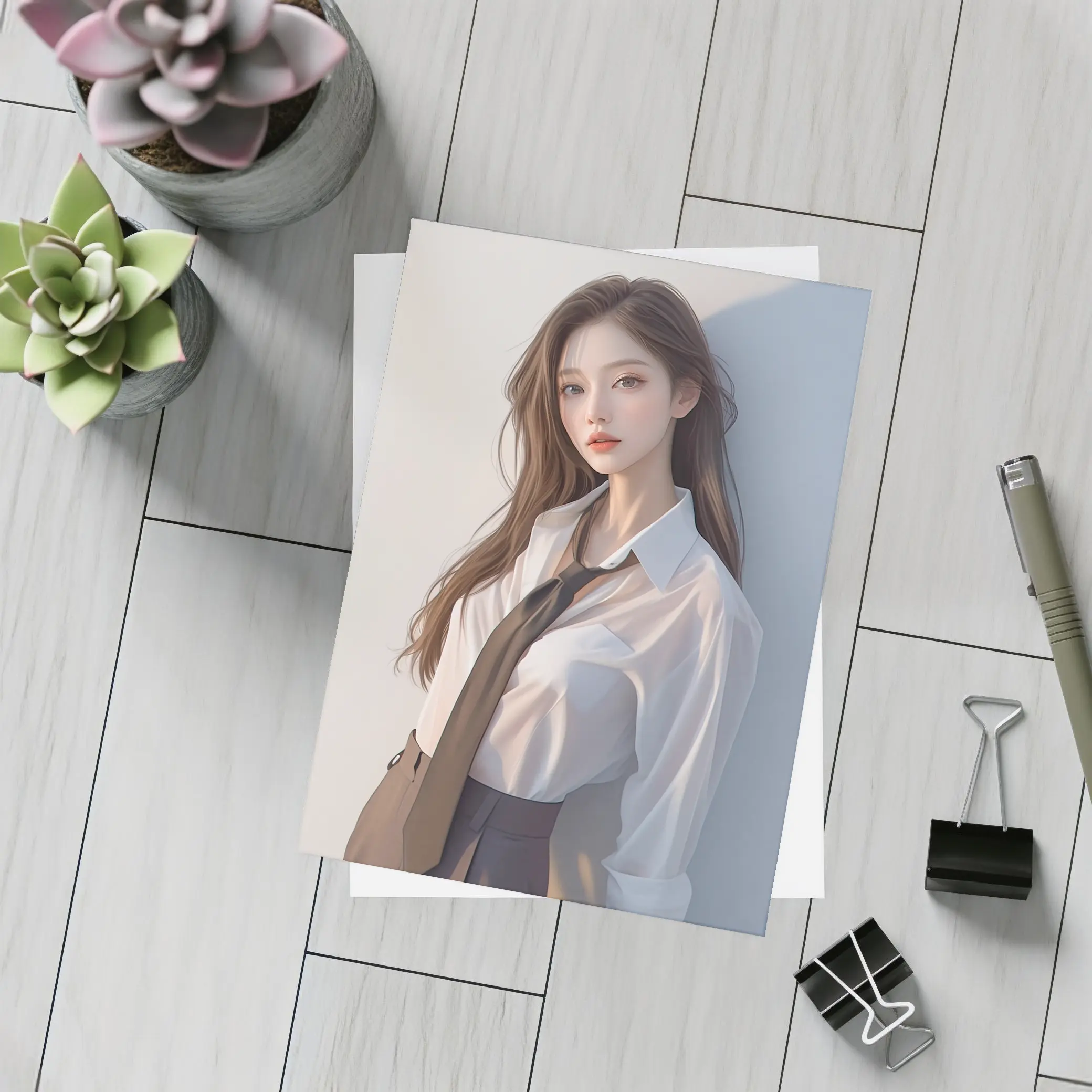 Digital Art Girl White Shirt Tie Portrait – Postcards