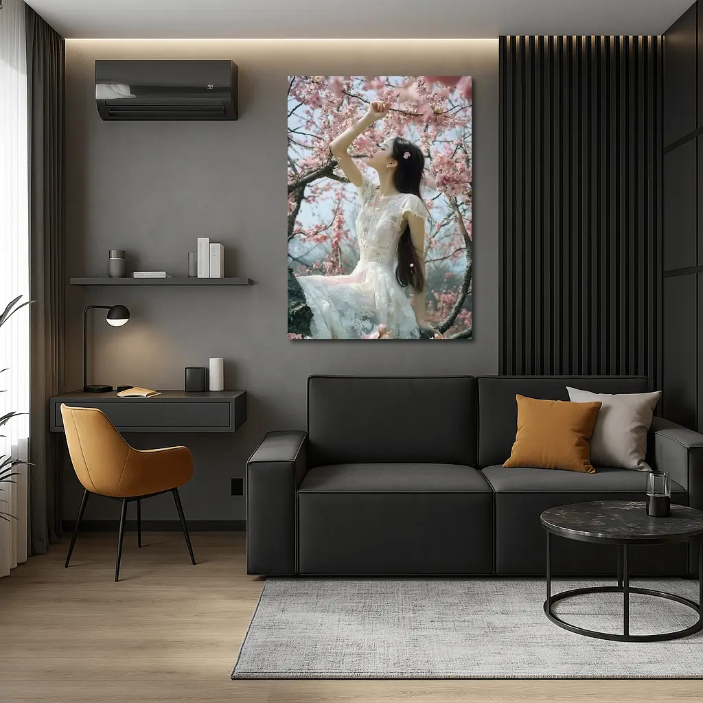 Woman in White Lace Dress Cherry Blossoms – Wall Art