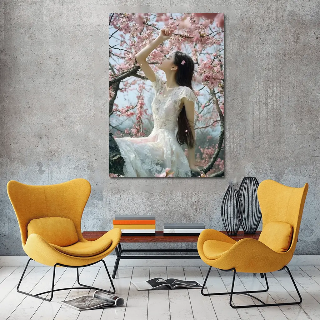 Woman in White Lace Dress Cherry Blossoms – Wall Art
