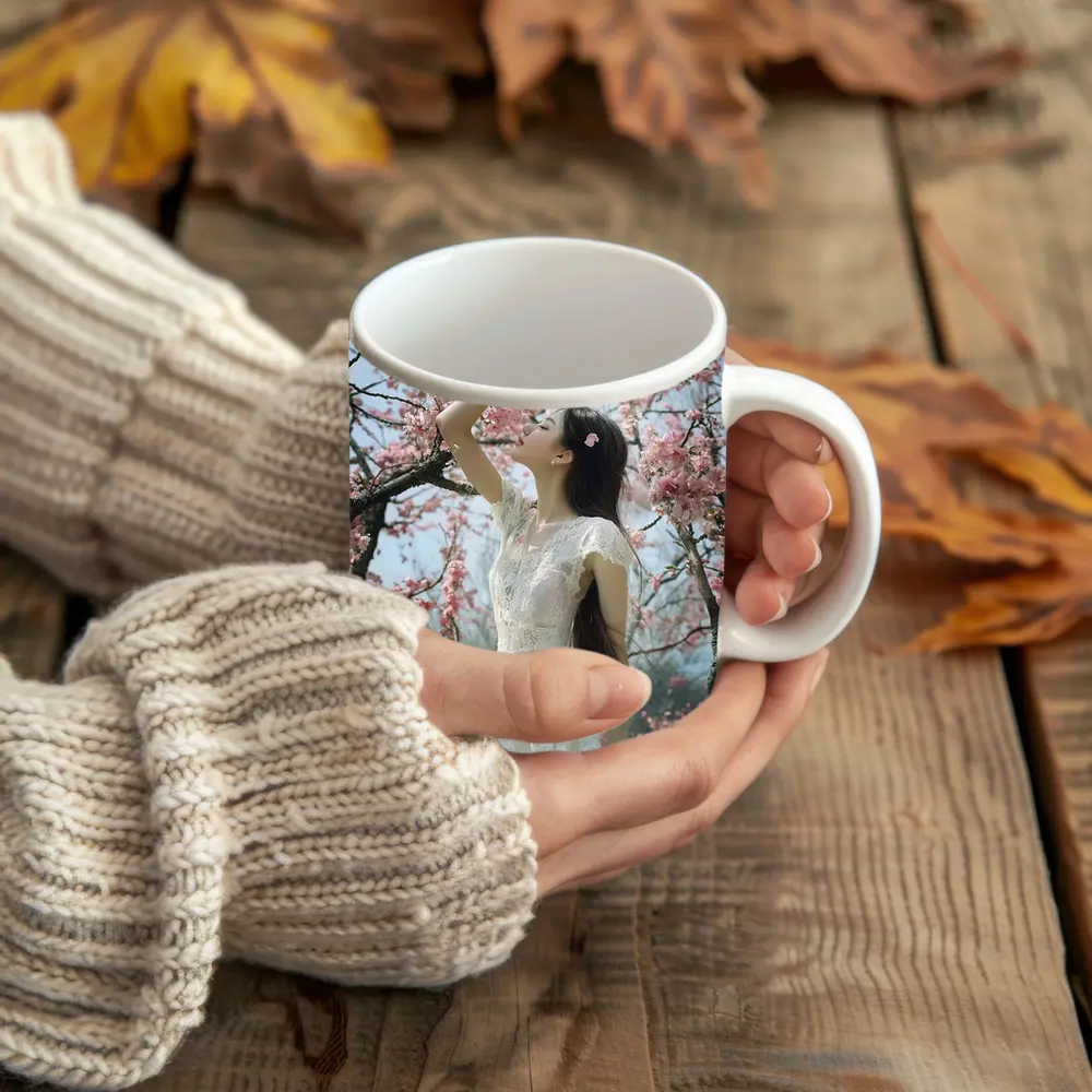 Woman in White Lace Dress Cherry Blossoms – Mugs