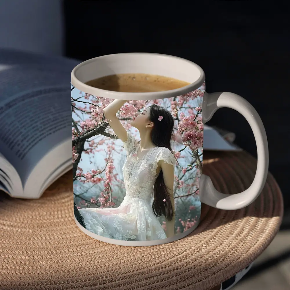 Woman in White Lace Dress Cherry Blossoms – Mugs