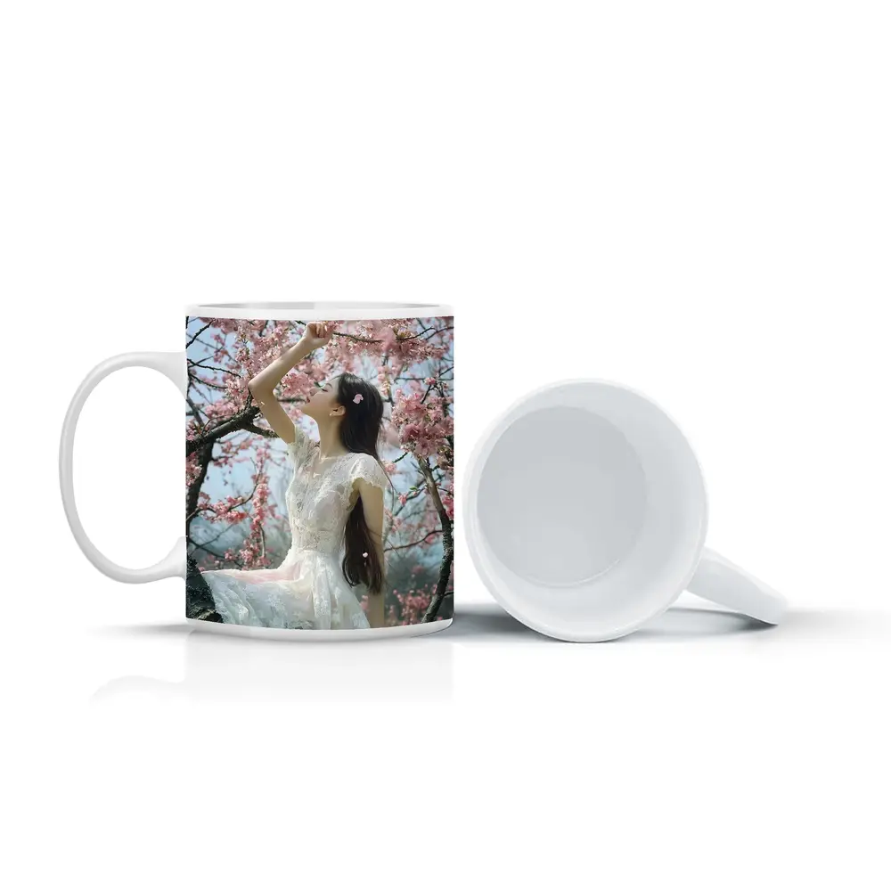 Woman in White Lace Dress Cherry Blossoms – Mugs