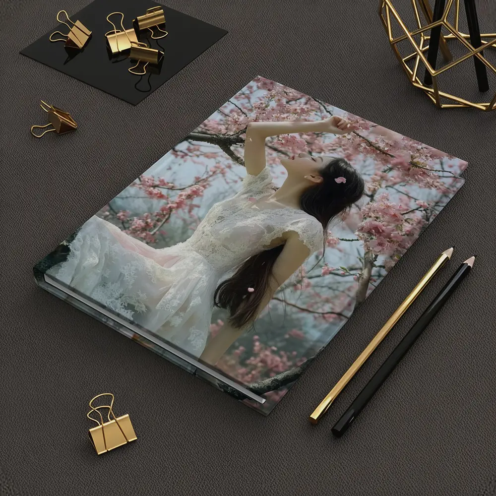 Woman in White Lace Dress Cherry Blossoms – Notebooks