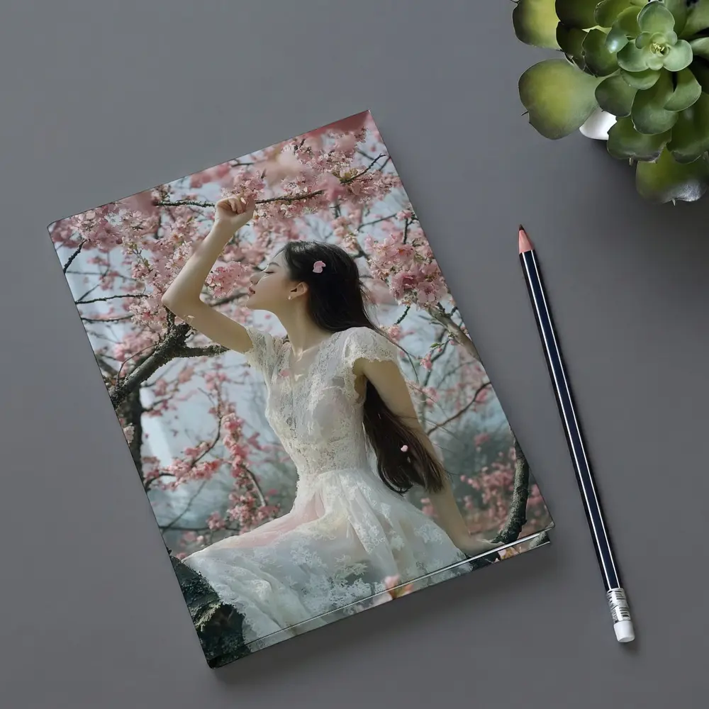 Woman in White Lace Dress Cherry Blossoms – Notebooks
