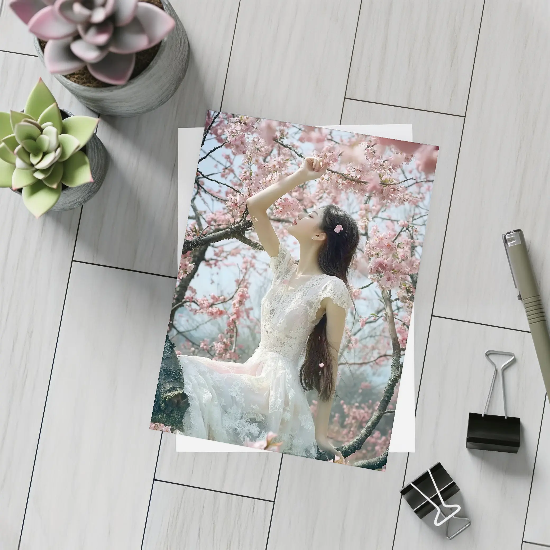 Woman in White Lace Dress Cherry Blossoms – Postcards