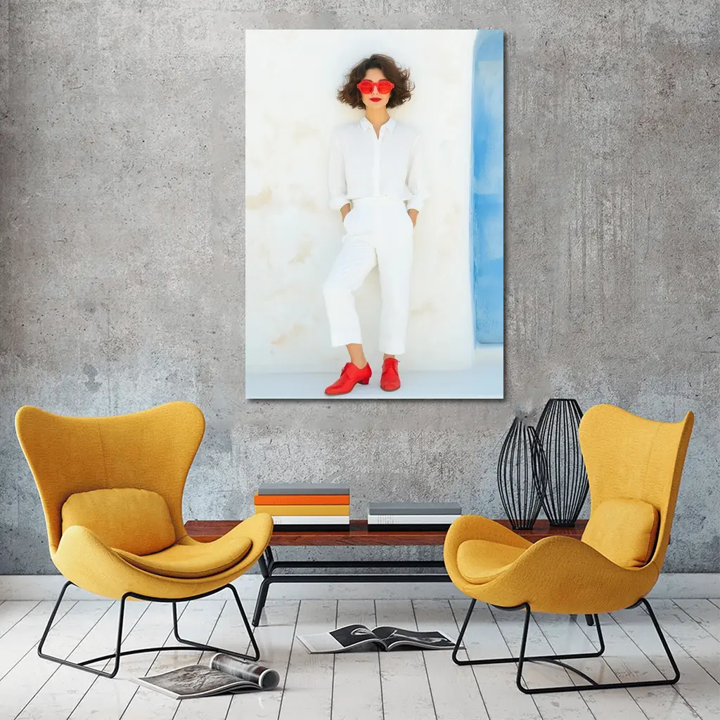 Woman White Outfit Red Shoes Sunglasses – Wall Art