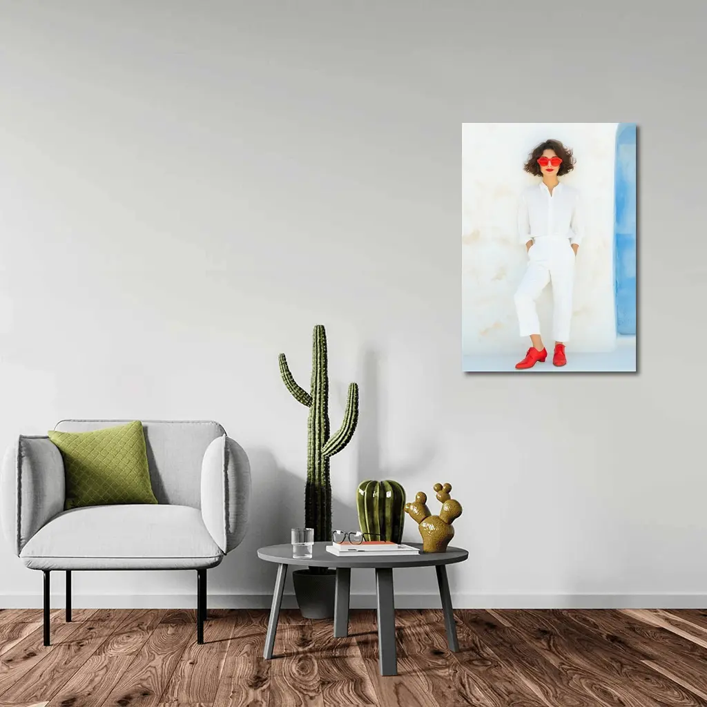 Woman White Outfit Red Shoes Sunglasses – Wall Art
